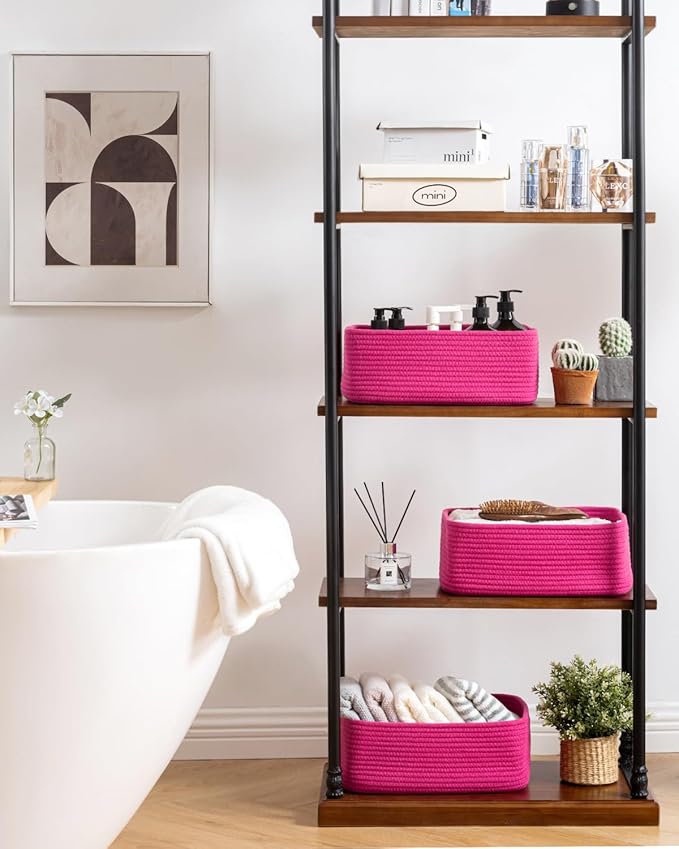 Small Woven Basket, 13.5 x 9.5 x 5 Inches, Storage Basket for Organizing, Cute Small Rope Shelf Closet Cube Storage Bins Baskets for Shelves, Dog Toy Gift Baskets Empty, 3 Packs, Hot Pink