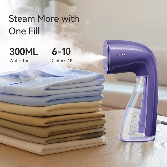 HiLIFE Steamer for Clothes, 1100W Clothes Steamer with Large 300ml Tank, Handheld Clothing Steamer, Fabric Wrinkle Remover, Portable & Compact Travel Size Garment Steamer ONLY FOR 120V (Purple)