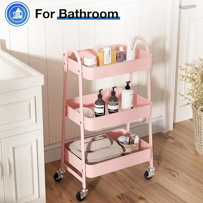 OLIXIS 3 Tier Utility Rolling Cart, Metal Mobile Storage Shelf with Lockable Caster Wheels, Organization for Livingroom, Bathroom, Kitchen, & Narrow Places, Pink