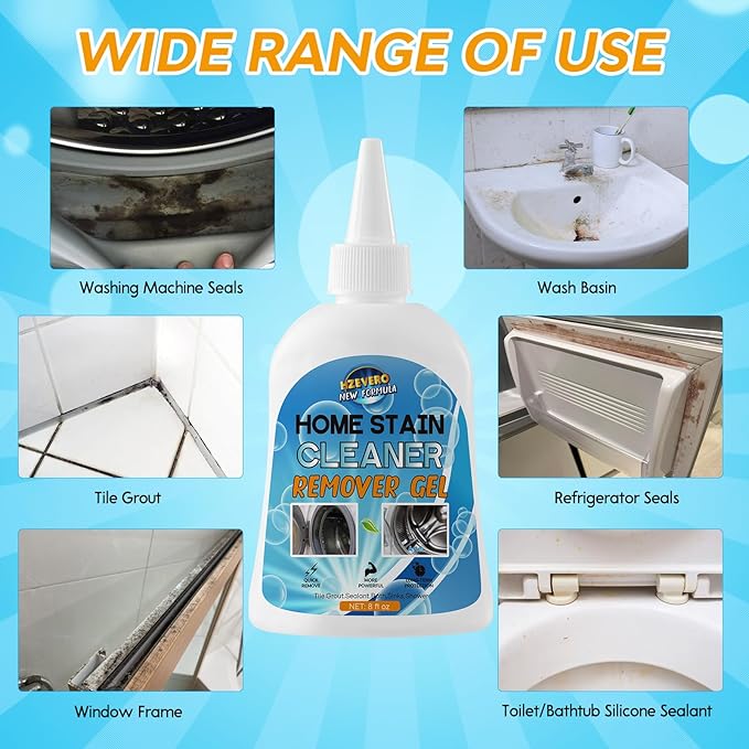 Mold Stain Remover Gel, Washing Machine Gasket Cleaner for Front Loader Washer Rubber Seal Home Stain Removal Gel for Grout, Caulk, Refrigerator, Shower, Bathtub, Bathroom Cleaning Solution (8 Fl Oz)