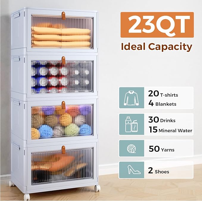 4 Tier Stackable Plastic Storage Bins with Lid and Wheels - 23 QT Closet Organizers and Storage, Foldable Storage Containers, Organization and Storage Boxes for Craft, Home, Pantry, Dorm,Grey