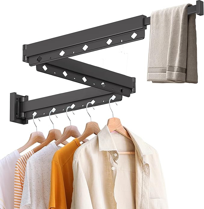 Clothes Drying Rack, Laundry Drying Rack Wall Mount for Bathroom, Retractable and Foldable Clothes Rack for Indoor, Space Saver for Laundry Room, Balcony, Closet, Bedroom(3-Fold), Black