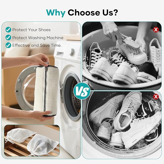 Shoe Washing Machine Bag for Washer & Dryer, Large Shoe Bag for Washing Machine Plush Fibers laundry Bag for Sneakers, Tennis Shoes and Gym shoes, White (2PCS)