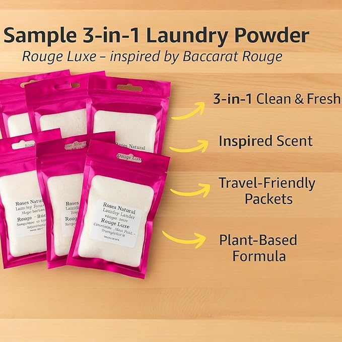 Travel Laundry Bundle, 10 Pre-Measured Packets, 5 Laundry Powder and 5 Fabric Softener Crystals, Patchouli and Rouge Luxe Scents (Rouge Luxe)
