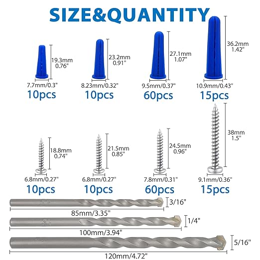 Easily 190 Pcs Wall Anchors and Screws for Drywall, Conical Concrete Wall Anchors and Screws Assortment Kit, Blue Conical Anchor and Self Tapping Screw with 3 Pcs Masonry Drill Bits, Four Sizes