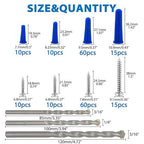 Easily 190 Pcs Wall Anchors and Screws for Drywall, Conical Concrete Wall Anchors and Screws Assortment Kit, Blue Conical Anchor and Self Tapping Screw with 3 Pcs Masonry Drill Bits, Four Sizes