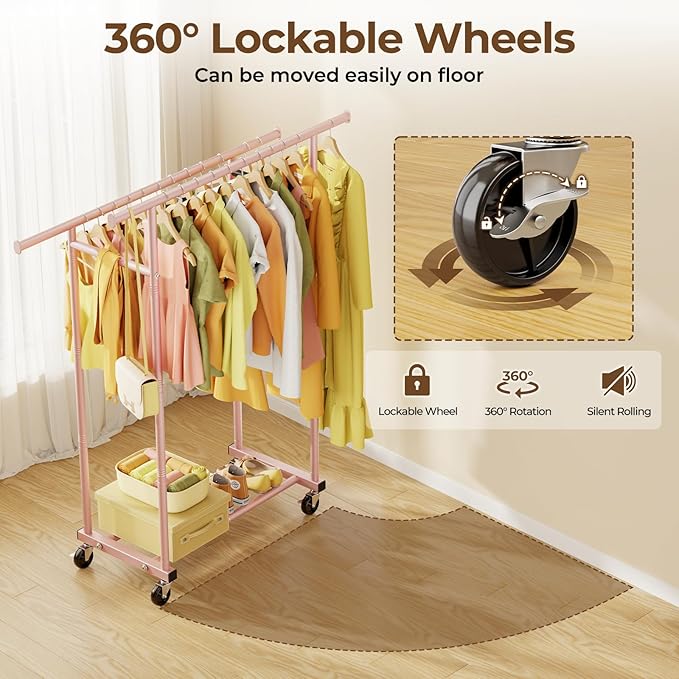HYSEYY Double Rods Clothes Rack, Sturdy Rolling Clothing Rack, Portable Clothing Racks for Hanging Clothes - Metal Garment Rack Wardrobe Coat Rack for Bedroom Laundry Living Room, Pink