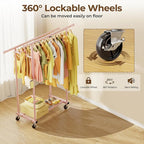 HYSEYY Double Rods Clothes Rack, Sturdy Rolling Clothing Rack, Portable Clothing Racks for Hanging Clothes - Metal Garment Rack Wardrobe Coat Rack for Bedroom Laundry Living Room, Pink