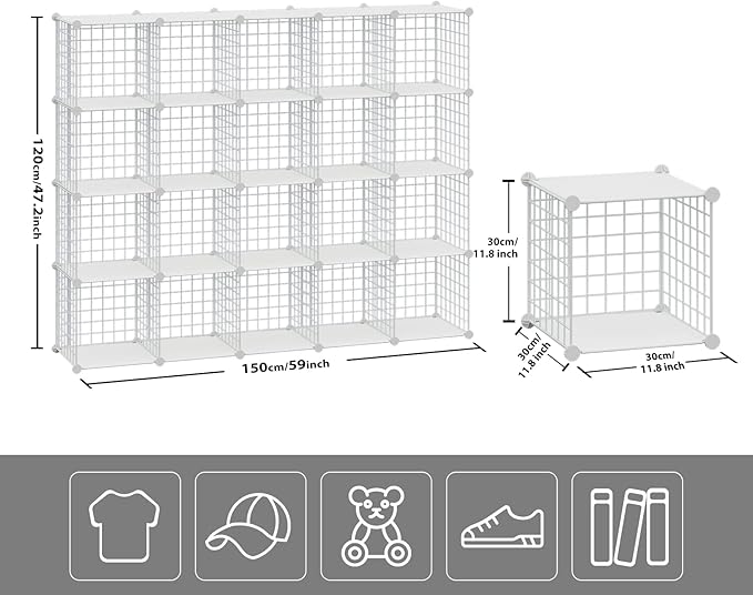 HUBSON Wire Cube Storage Organizer, Book/Toy/Craft/Potted Plants and petCloset Organizers and Storage Shelves, 20-Cube Freely Combinable Metal Grids Storage Shelf,White Plus Iron