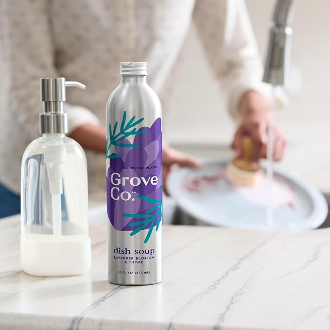 Grove Co. Ultimate Dish Soap Refills (3 x 16 Fl Oz) Removes 48-hr Stuck-on Food and Grease, Plastic Free Cleaning Products, 100% Natural Lavender Blossom & Thyme Fragrance