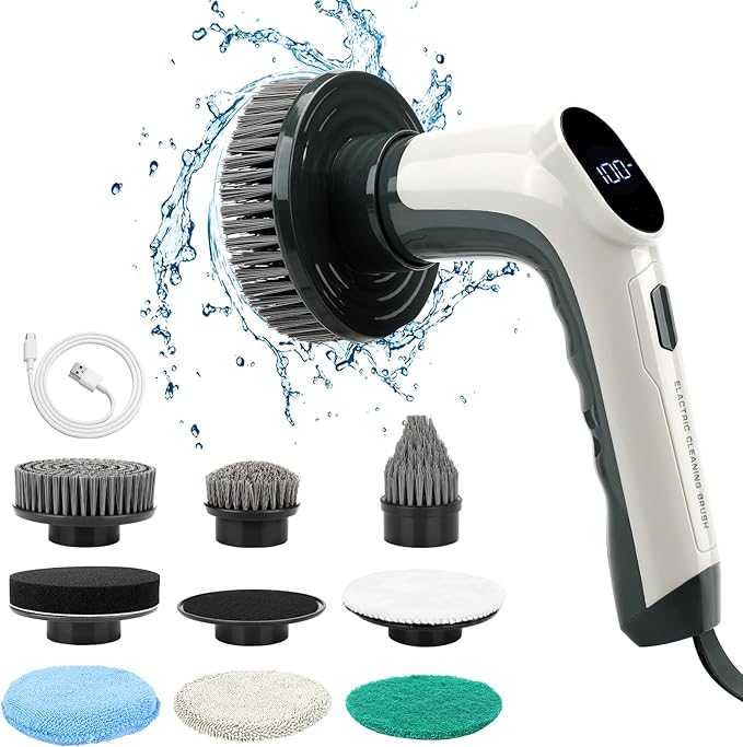 Electric Rotary Cleaner with Led Screen, 8 Replaceable Brush Heads, 2 Speeds, Handheld Electric Multifunctional Cleaning Brush, Used for Cleaning of Floors, Windows, Bathtubs, Cars, Bathrooms