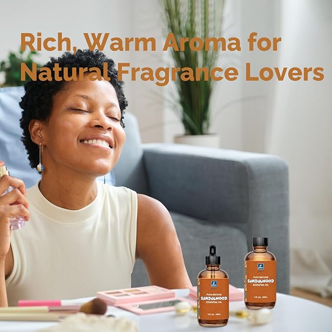 Sandalwood Essential Oil 4 Oz, 100% Pure Sandalwood Oil for Diffuser, Skin, Hair, Body & Face, Perfume Base Note for Men & Women, Aromatherapy & Massage
