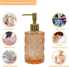 Glass Soap Dispenser with Gold Plastic Pump, 12oz Refillable Liquid Hand Soap Dispenser, Crystal Lotion Bottle for Modern Home Decor, Bathroom, Kitchen Countertop, Hotel(Amber)