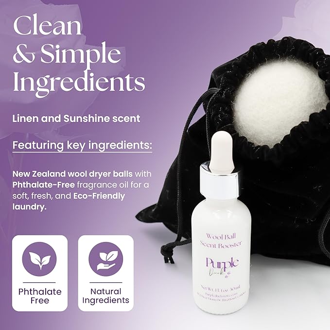 Purple Duck Wool Dryer Balls with Scent Booster – Reusable Dryer Balls for Laundry, Softens Fabrics, Reduces Static, Includes Scent Booster - Linen & Sunshine 1 Oz