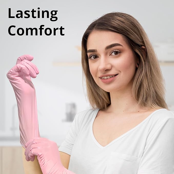Disposable Nitrile Dishwashing Gloves, Extended 12 Inches Cuff, 6-mil, Cherry Blossom Cleaning Gloves, Latex-Free