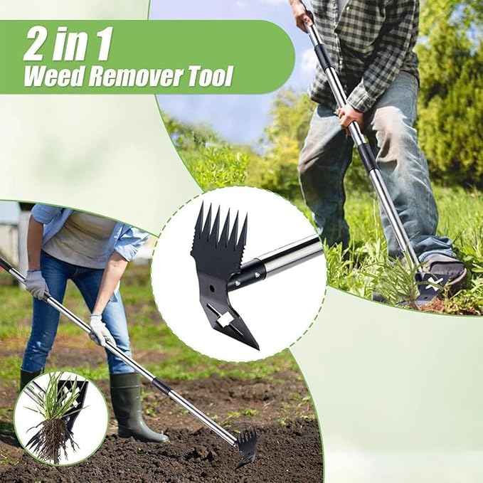 Hoe Garden Tool, 58" Weed Puller Tool with Long Handle, 2 in 1 Hand Weed Rake and Hoe Garden Weeder Tool, Uprooting Pulling Weed Remover Tool for Yard, Patio, Lawn and Garden
