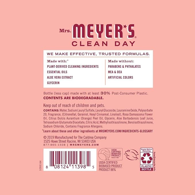MRS. MEYER'S CLEAN DAY Liquid Dish Soap, Biodegradable Formula, Limited Edition Rose, 16 fl. oz - Pack of 3