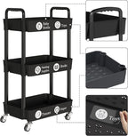 UDEAR 3-Tier Rolling Utility Cart with 12 Category Labels,Multifunctional Comagtable Rolling Shelving with Handle and Lockable Wheels for Room,Office,Kitchen,Bathroom,Black