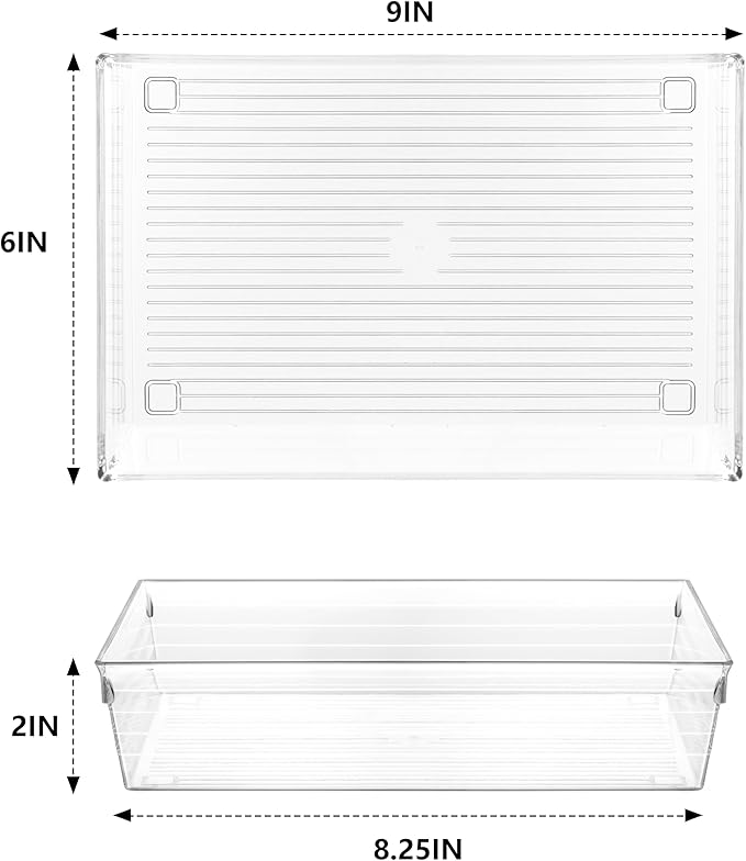 Backerysupply Clear Plastic Drawer Organizer Tray for Vanity Cabinet (9"×6"×2" Set of 4) For Office Bathroom Makeup Drawers