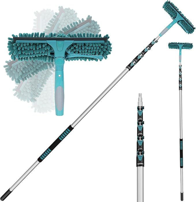 30 Feet High Reach Window Squeegee with 6-24 Ft Extension Pole, Window Cleaner Tool with 5-Stage Telescoping Pole, Window Cleaning Kit with Rotatable Head (2 Squeegee & 2 Microfibre Cloths)