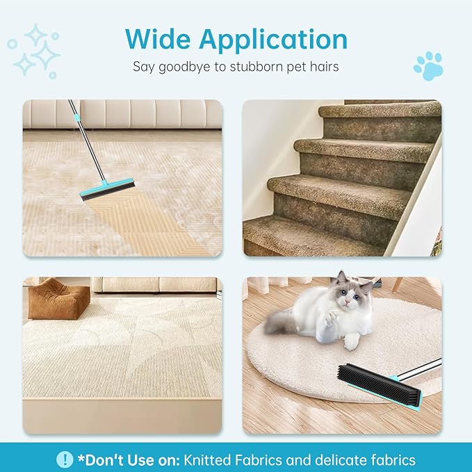 Carpet Rake - 60" Long Handle Pet Hair Removal with Metal Fabric Edge Design,Carpet Rake for Pet Hair Removal, Dog Cat Fur Remover Rubber Broom,Rug,Car Mat,Couch,Pet Bed,Furniture(4 Pack)