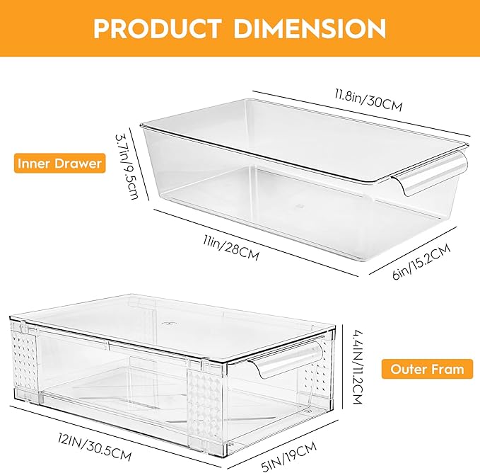 4 Pack Clear Stackable Storage Drawers, 3.95" H Easily Assemble Acrylic Organizer Bins - Multi-Use for Make up, Closet, Pantry, Bathroom, Medicine, Kitchen Cabinet & Undersink Organization