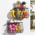 Wawocs Fruit Basket for Kitchen Counter 2 Tier Fruit Bowl, Stackable Wall Mounted Hanging Fruit Basket Wire Baskets with Wood Lid with 4 Banana Hanger Hooks, Onion Basket, Fruit and Vegetable Storage