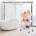 Danpinera 3-Tier Rolling Cart, Metal Storage Cart with Lockable Wheels, Hanging Cups & Hooks, Mobile Trolley for Kitchen, Bathroom, Office, Workshop, Pink