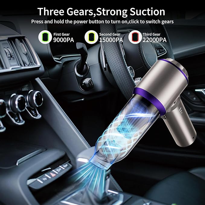 Handheld Vacuum Cordless, Car Vacuum Portable Cordless 22000PA High Power 4-in-1 Air Blower Gun Air Duster & Air Blower with Brushless Motor 3-Speed Adjustable for Home, Pet, Office