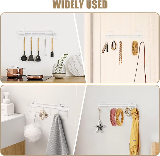 Kitchen Utensil Hanger, Adhesive Utensil Holder Wall Mount Kitchen Rack Rail with 12 Hooks, Space Saving and No Drilling, White, 2 Pcs