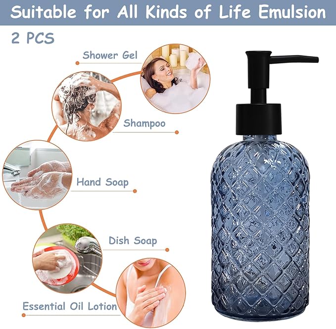 Blue Glass Dish Soap Dispenser for Kitchen, 12oz Refillable Liquid Hand Soap Dispenser Set, 2 Pack Crystal Lotion Bottle for Modern Home Decor, Bathroom Countertop, Hotel