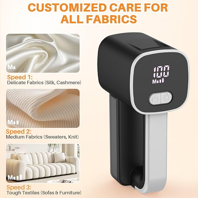 Rechargeable Fabric Shaver, Electric Lint Remover Sweater Shavers to Remove Pilling Fuzz & Pilling from Clothes Couch Furniture 3-Speed, 6-Leaf Blade, LED Display, USB Charging