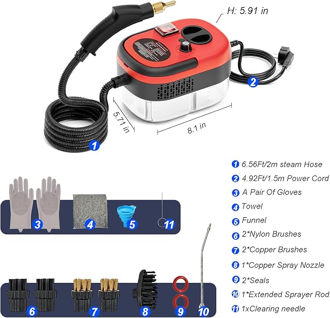 Steam Cleaner,15s Heat-Up,1.4L Tank,Steamer for Cleaning with 10 pcs Accessories,Multi-2500W High Temperature and Pressure handheld steamer,Steam Clea (5-【02】Red)