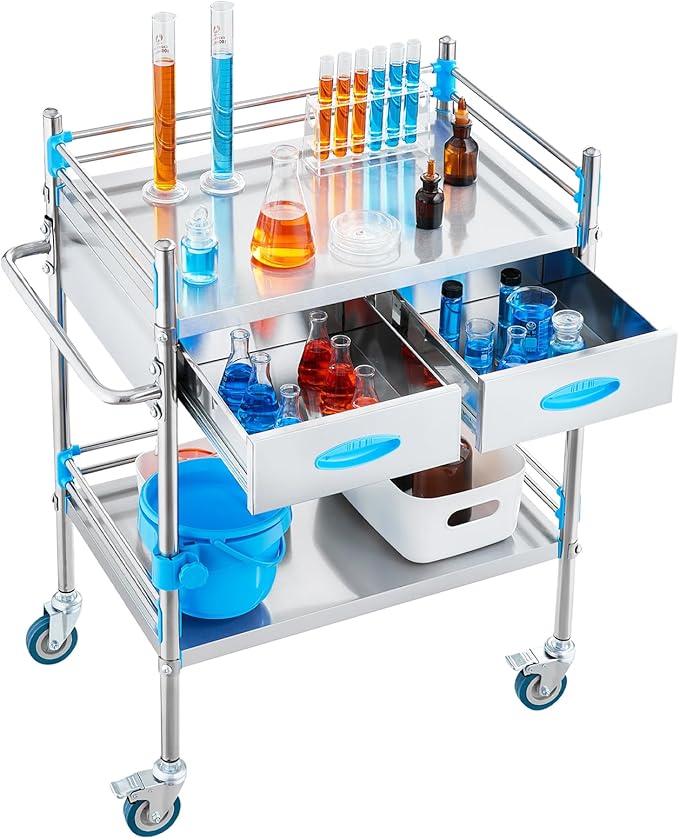 VEVOR Stainless Steel Utility Cart, 2 Layers with Two Lockable Wheels, Ideal for Laboratory, Hospital, Dental Use