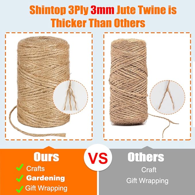 Shintop 3mm Twine, 328 Feet Garden Twine Heavy Duty 3Ply Natural Jute String for Arts, Crafts, Gift Wrapping and Climbing Plants (Brown)