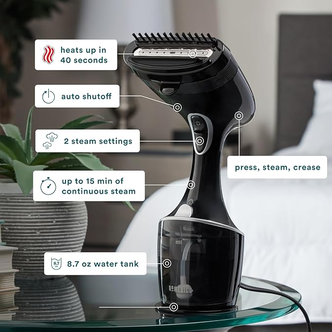 Homedics PerfectSteam Handheld Garment Steamer for Clothes, Sheets and Curtains - 1550 Watts Portable Garment Steamer, Fast Heat, Turbo Power, 15-Minute Continuous Steam, Built-In Crease Attachment