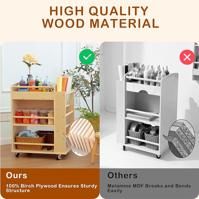 Art Activity Cart Wooden Rolling Utility Cart with Wheels 3-Tier Art Cart Organizer for Kids Multi-Functional Movable Birch Storage Cart Art and Crafts Supply Shelf Montessori Furniture