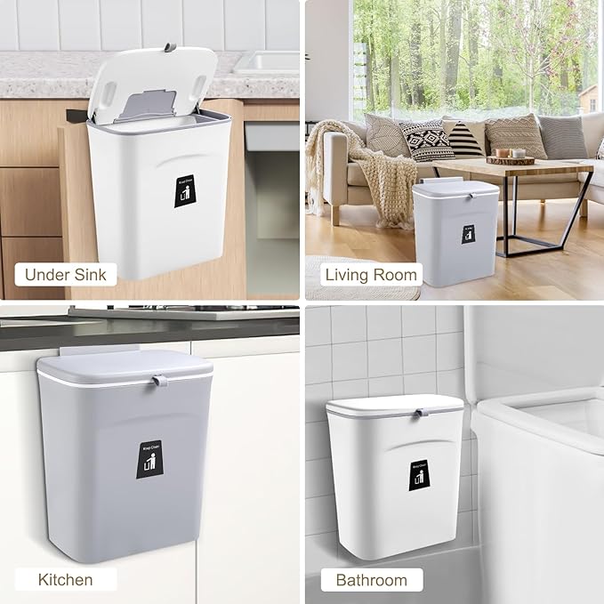 2 Pack Kitchen Compost Bin,Hanging Small Trash Can with Lid for Under Sink or Counter Top,Dustbin for Kitchen for Cabinet/Bathroom/RV//Camping//Office/Car