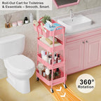 4 Tier Metal Rolling Cart with Lockable Wheels and Handle, Four Tiered Pink Trolley Cart on Wheels, Utility Storage Organizer for Bathroom, Kitchen, Teachers, Art, Crafts, Baby Diaper, Snack, Nail