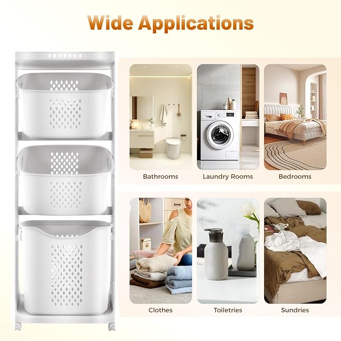 3 Tier Rolling Laundry Basket, Stacked Laundry Basket Organizer, Free Standing Portable Storage Baskets, Rolling Laundry Hamper Cart with 4 Wheels for Clothes, Toiletries, Snacks