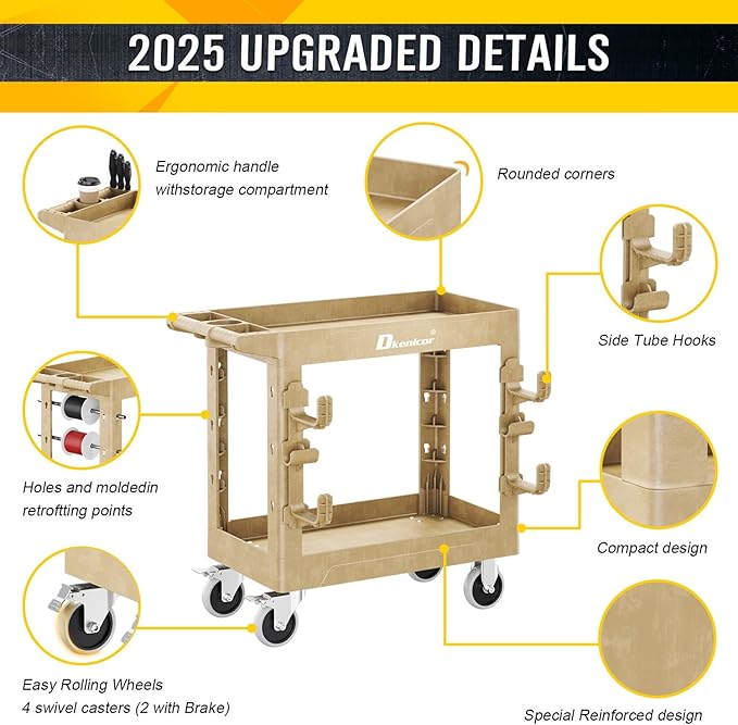 Utility Cart with Max 850Lbs Capacity, 34" x 17" Heavy Duty Rolling Utility Cart, 2 Side Hooks, 360° Swivel Wheels (2 with Brakes), 2 Tier Service Cart for Warehouse/Garage/Garden - Wood Color