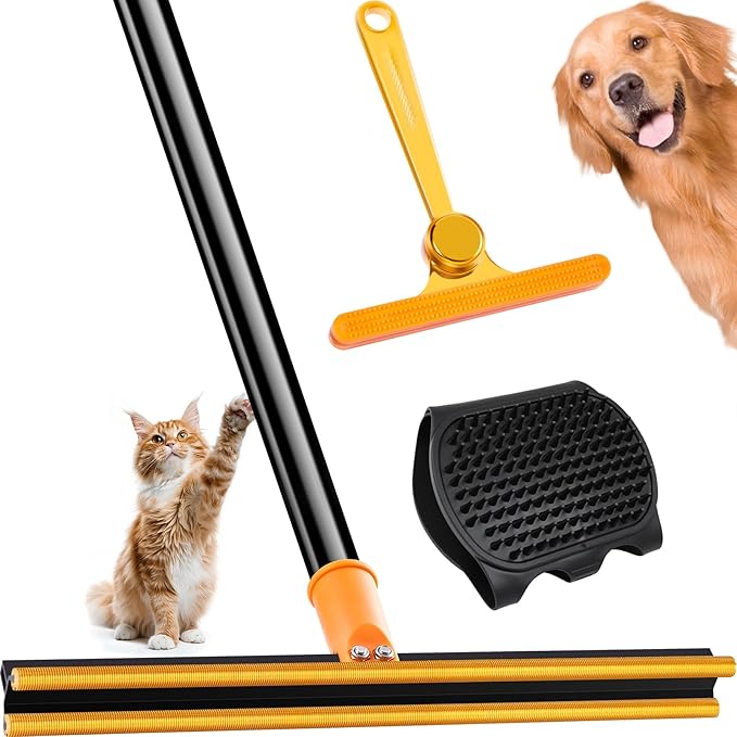 3 in 1 Carpet Rake for Pet Hair Removal Tool, 51” Adjustable Long Handle Pet Hair Removal Broom, Pet Grooming Brush, Cat Dog Hair Remover Carpet Scraper for Rugs, Mats