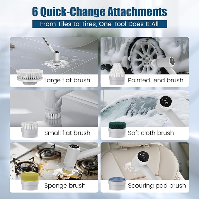 AIRROBO Electric Spin Scrubber, Cordless Electric Scrubber for Cleaning, 300 Mins Runtime, 6 Brush Heads, 47" Adjustable Handle, IPX7 Waterproof for Bathroom, Kitchen, Floors, Tiles, Car Cleaning