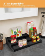 Spice Rack Organizer, 3 Tier Expandable Bamboo Spice Rack Organizer, Great for Kitchen Cabinet, Cupboard, Pantry and More-Black(2pack)