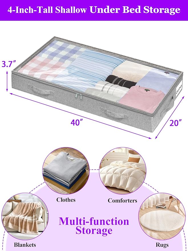 Under Bed Storage, Below 4 Inches High Underbed Storage Containers Low Profile, NO STRUCTURE, Foldable Shallow Storage Bags Bins Organizer Clothes with Clear Lid & Zipper, 2-Pack, 20x40x3.7in