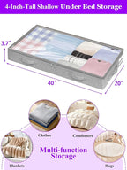 Under Bed Storage, Below 4 Inches High Underbed Storage Containers Low Profile, NO STRUCTURE, Foldable Shallow Storage Bags Bins Organizer Clothes with Clear Lid & Zipper, 2-Pack, 20x40x3.7in