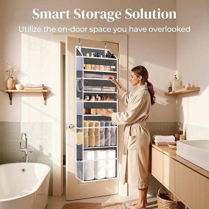 5 Tiers Over Door Organizer with 10 Mesh Side Pockets, 50 lbs Weight Capacity Hanging Storage Organizer with Clear Window Kids Toys, Shoes, Diapers, Dark Gray