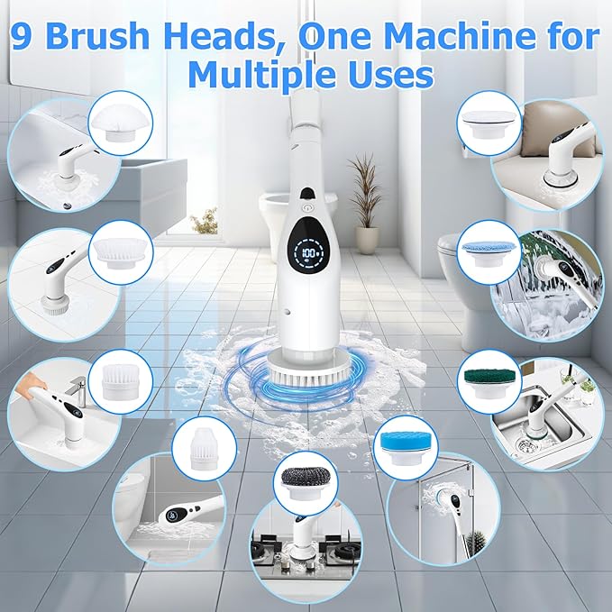 Electric Spin Scrubber, Cordless 3 Speeds Cleaning Brush 430 RPM, Adjustable/Detachable Long Handle, Shower Scrubber for Bathroom, Car, Floor, Shower Cleaning Brush with 9 Replaceable Brushes
