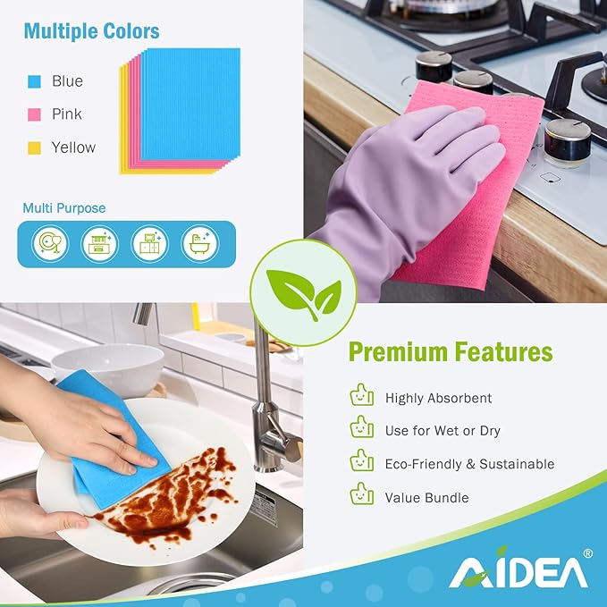 AIDEA Swedish Dishcloths for Kitchen, 20PK, Reusable Paper Towels, Kitchen Washcloths Dish Rags, Eco Friendly No Odor Reusable Cleaning Cloths, Cellulose Sponge Cloths, 7"×6"