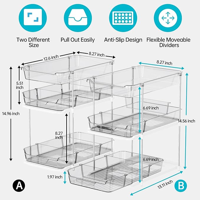 Delamu 2 Pack 3-Tier Bathroom Under Sink Organizers and Storage, Multi-Purpose Stackable Pantry Organization and Storage, Pull Out Clear Kitchen Bathroom Cabinet Organizer with Movable Dividers, Grey
